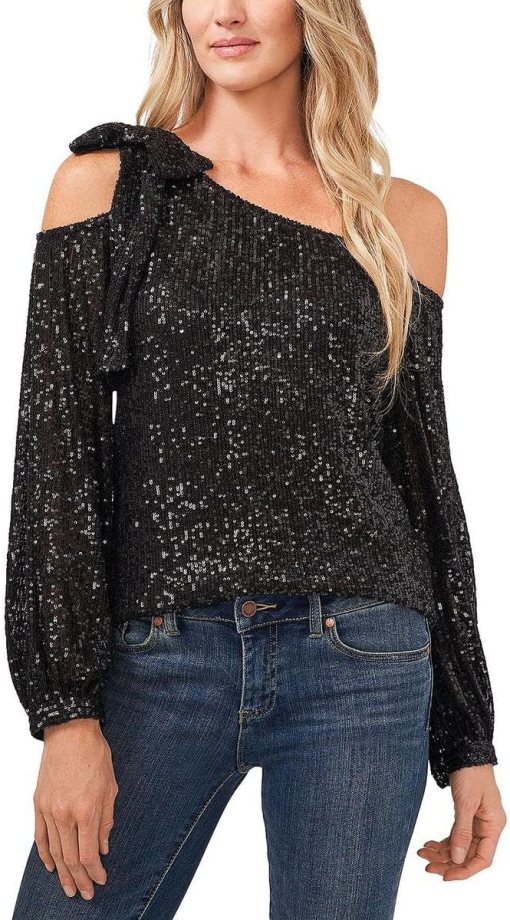 CeCe Women's Long Sleeve Sequin Bow Detail One-Shoulder Top - Rich Black L