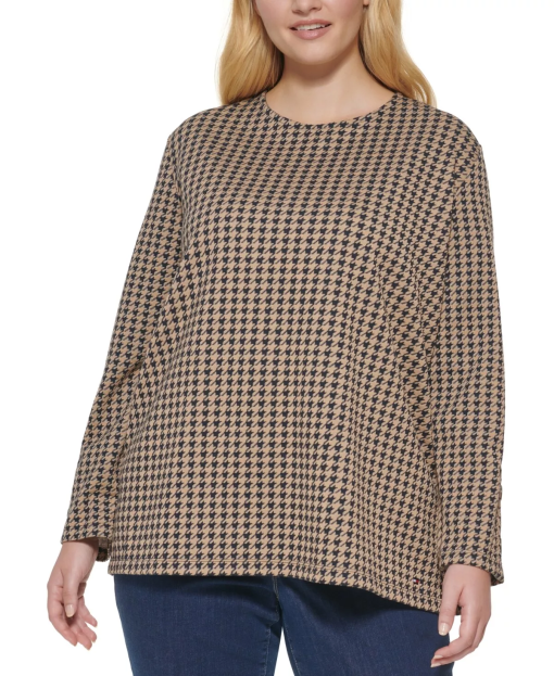 Tommy Hilfiger Plus Houndstooth Tunic Top - Tan, 3X - Women's Shirts