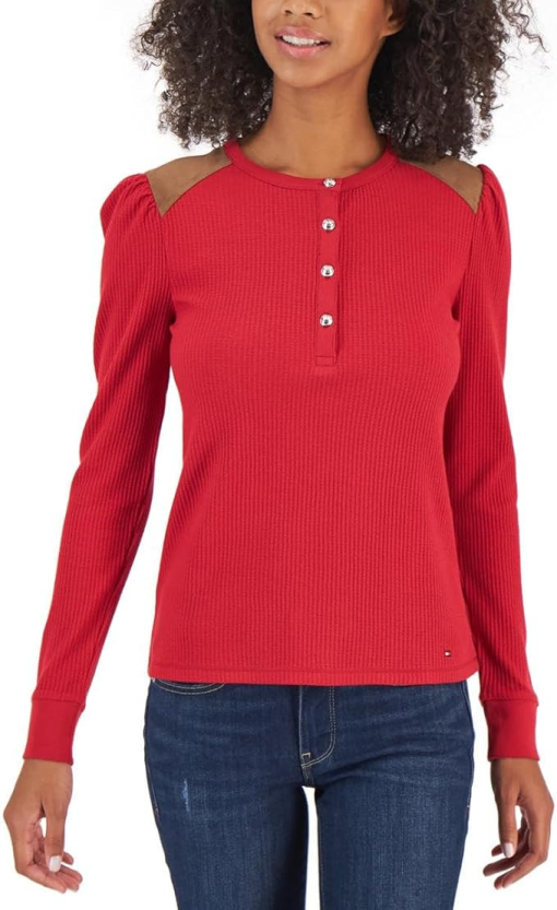 Tommy Hilfiger Womens Faux Suede Trim Crewneck Henley size XL