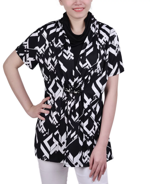 Ny Collection Petite Printed Adjustable Face-Covering Top - Black Brokelineduo PL