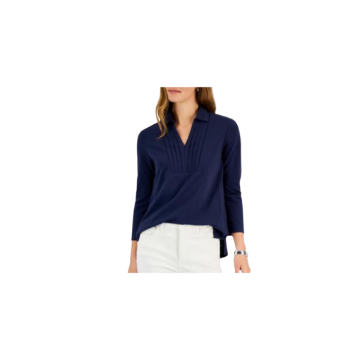 Charter Club Women's Pique-Knit Pleated-Neck Top, Intrepid Blue XS