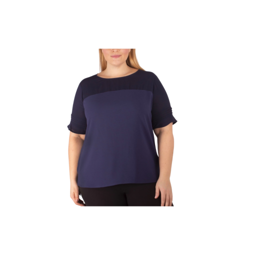 Collection Plus Size Short Sleeve Crepe Top with Chiffon Yoke - Navy size 2x