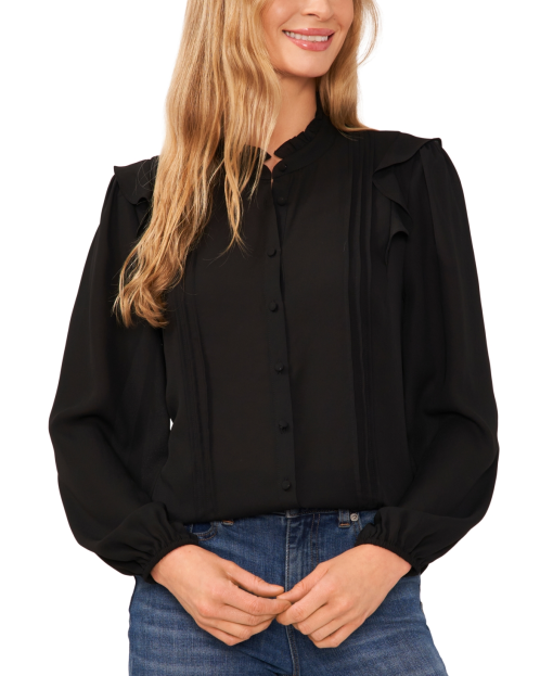 Cece Womens Blouse Ruffled Button-Down Top clothing black S