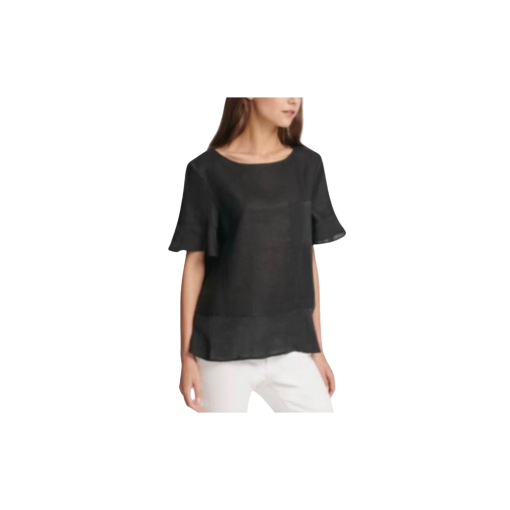 DKNY Women's Solid-Hued Linen-Blend Ruffle Top - Black - Size M