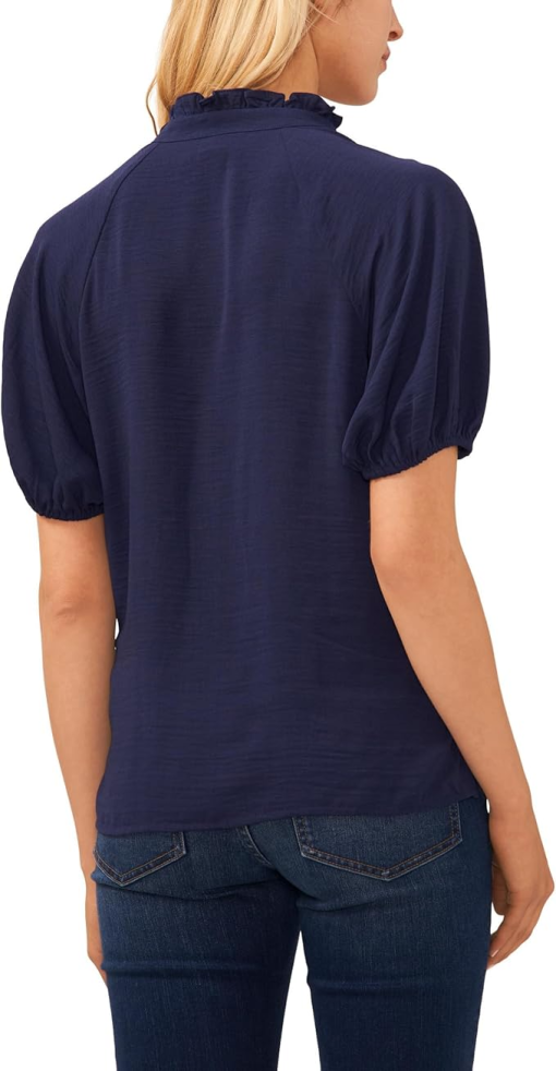 CeCe Women's Short Sleeve Ruffle Neck Raglan Split Neck Blouse - Classic Navy S - Image 2