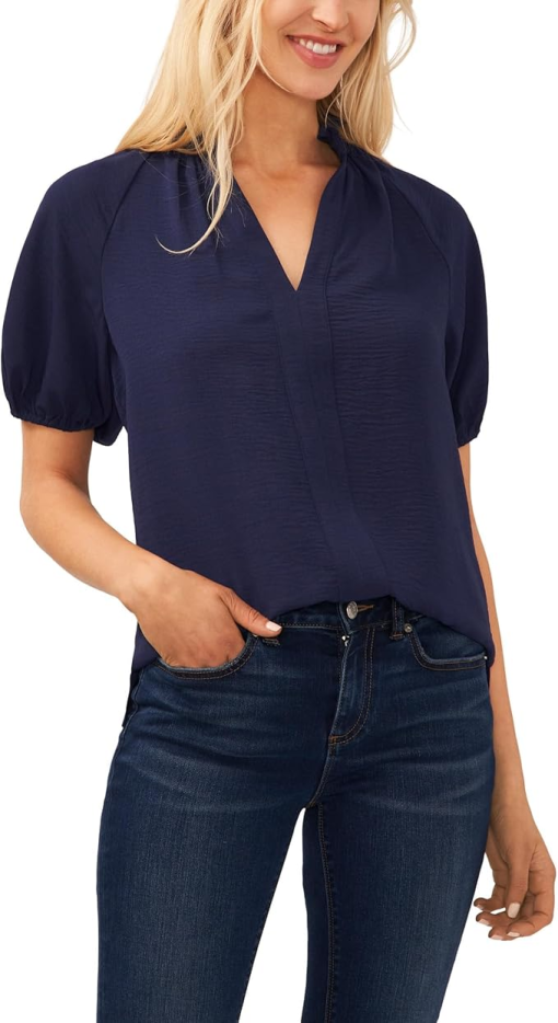 CeCe Women's Short Sleeve Ruffle Neck Raglan Split Neck Blouse - Classic Navy S