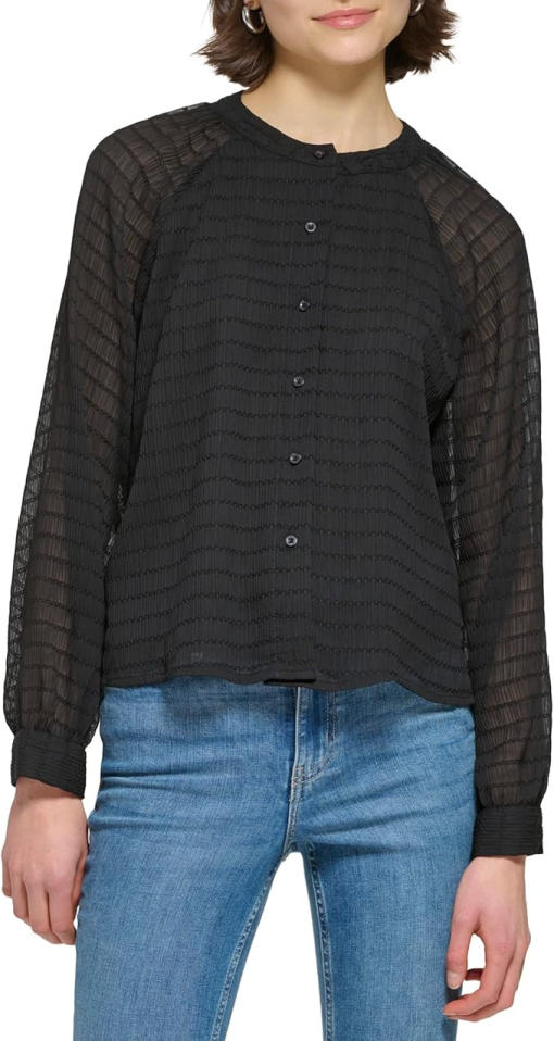 Calvin Klein Long Sleeve Textured Chiffon Blouse - Black XS