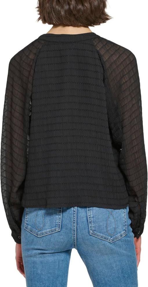 Calvin Klein Long Sleeve Textured Chiffon Blouse - Black XS - Image 2