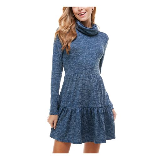 BEBOP Womens Blue Ruffled Tiered Long Sleeve Crew Neck Short Fit + Flare Dress Juniors L