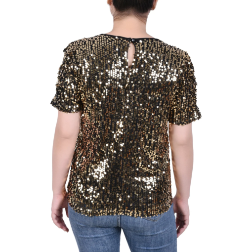 Ny Collection Petite Short Sleeve Sequined Top - Gold Size PM