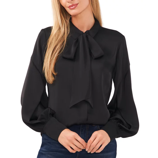 CeCe Women's Button-up Bow Blouse - Rich Black S