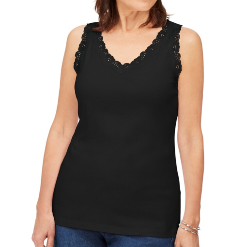 Karen Scott Petite Cotton Lace-Trim Tank Top, Created for Macy's - Deep Black Size Large