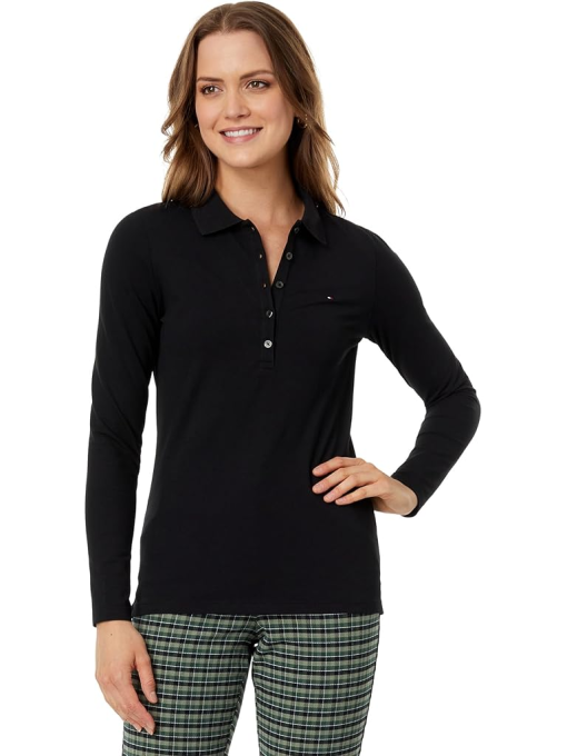 Tommy Hilfiger Women's Tee Shirts BLACK - Black Long-Sleeve Polo - Women S