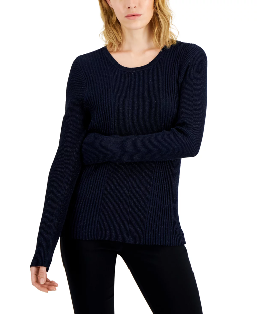 Alfani Women's Metallic Ribbed Sweater, Created for Macy's - Modern Navy size XL