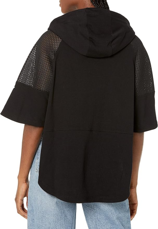 DKNY Women's Ponchos BLACK - Black & White Logo Mesh Trim Short-Sleeve Zip-up Hoodie - Women M - Image 2