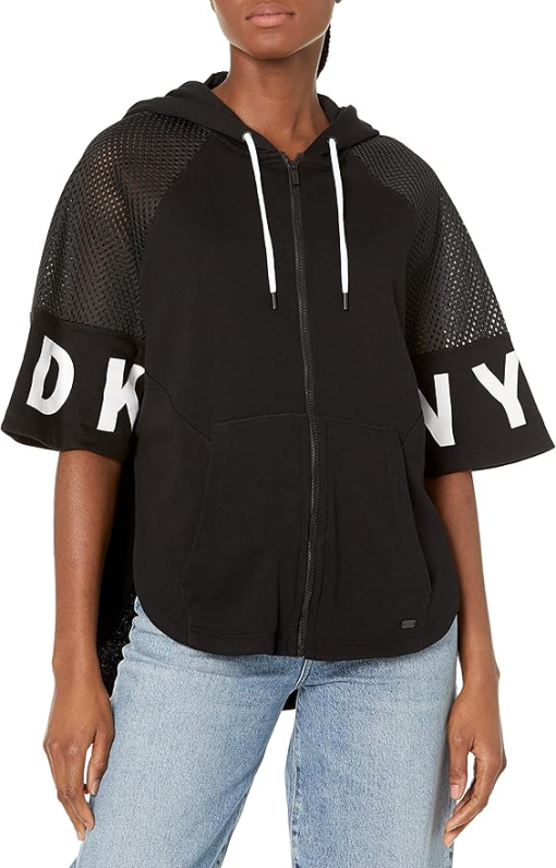 DKNY Women's Ponchos BLACK - Black & White Logo Mesh Trim Short-Sleeve Zip-up Hoodie - Women M