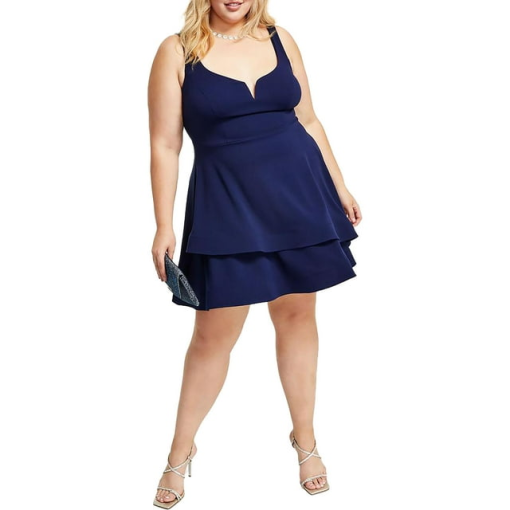 B Darlin Trendy Plus Size Notched-Neck Tiered-Hem Dress - Navy 20W