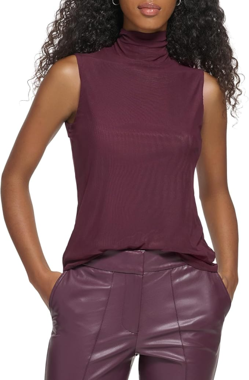 Calvin Klein Women's Sleeveless Mesh Mock Neck Top - Port chocolate XS