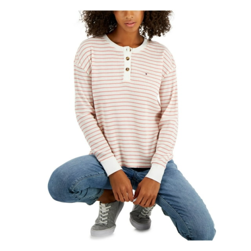 TOMMY HILFIGER Womens Pink Textured Henley Boxy Fit Contrast Trim Striped Long Sleeve Round Neck Top LG