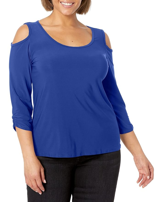 JM Collection Women S Cold Shoulder Top Blue Size Large