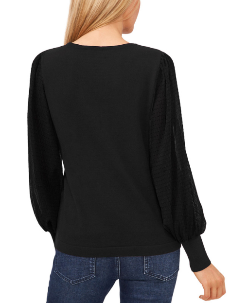 CeCe Sheer-Sleeve Cotton Top - Rich Black Size M - Image 2