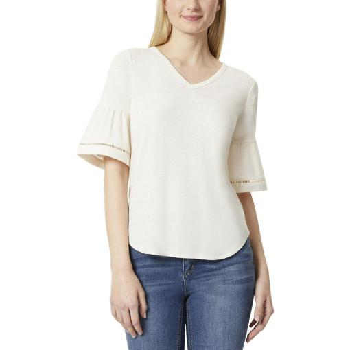 JONES NEW YORK Womens Beige Sheer Flounce Elbow Sleeves Pull on V Neck Top S