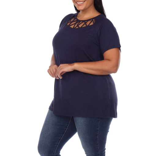 White Mark Plus Navy Crisscross Top 1XL - Plus Size Tops