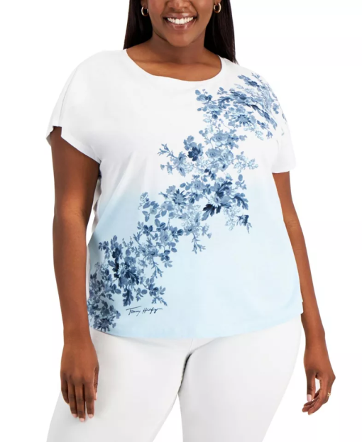 Tommy Hilfiger Plus Floral Tee - White/Blue - Size 1X - Women's Top