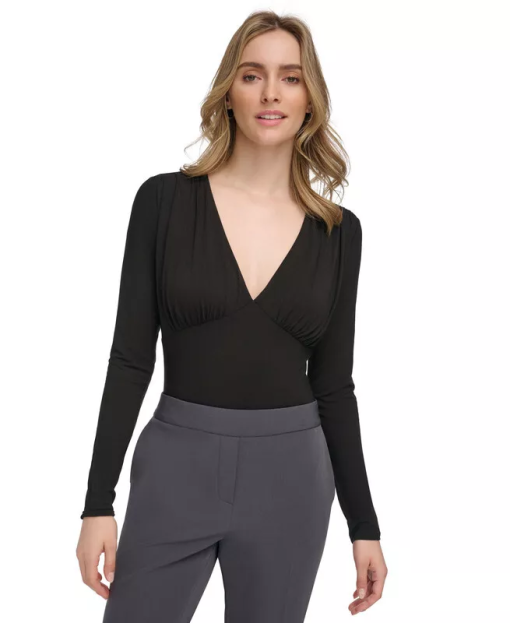 Calvin Klein Black Bodysuit - Long Sleeve V-Neck - XL - Women's Tops