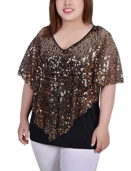 Ny collection Petites Womens Sequined Poncho Pullover Top black PS