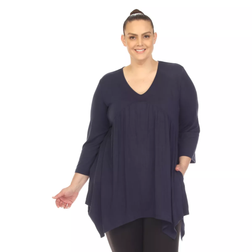 White Mark Plus Size Empire Cut V-neck Tunic Top - Navy 2XL