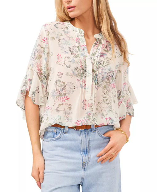 Vince Camuto Breezy Dandelion Print Flutter Sleeve Blouse in New Ivory at Nordstrom, Size Small