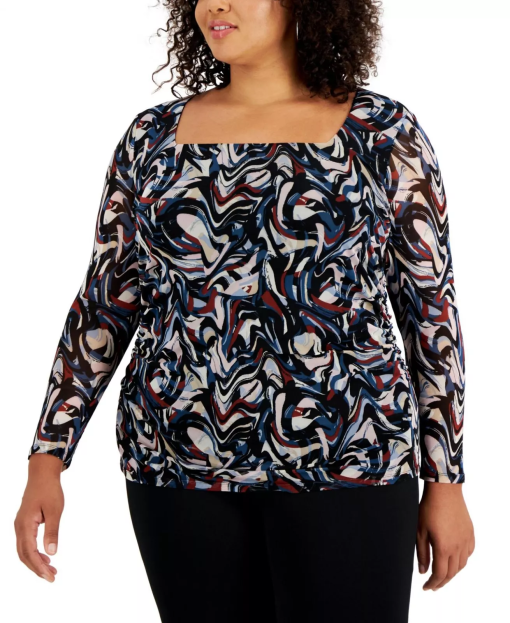 Bar Iii Plus Size Square Neck Marble Print Top, Created for Macy's - Skyway Multi 2X