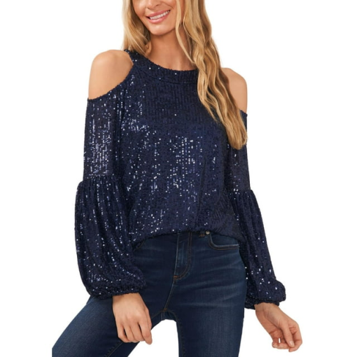 CeCe Womens Sequined Cold Shoulder Blouse Size XL