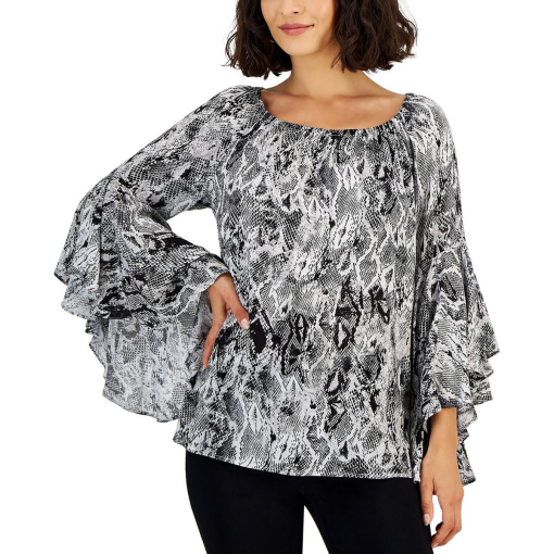 Fever Women's Animal-Print on & Off-the-Shoulder Bell Sleeve Top - Black Snake size L