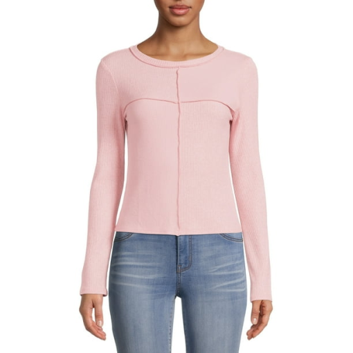 Style & Co Waffled Contrast-Stitch Seam Top,pink S