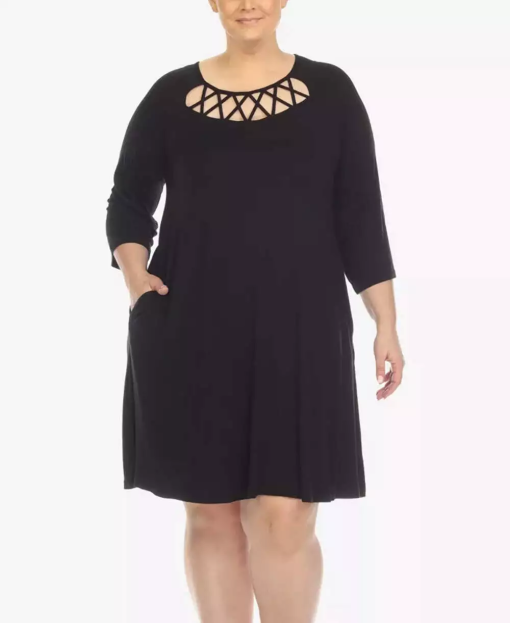 White Mark Plus Size Criss Cross Neckline 3/4 Sleeve Swing Dress - Navy 3XL