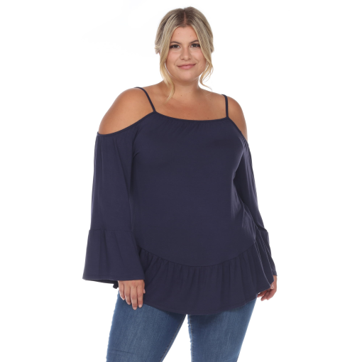 White Mark Cold Shoulder Ruffle Sleeve Top, Navy - 2X