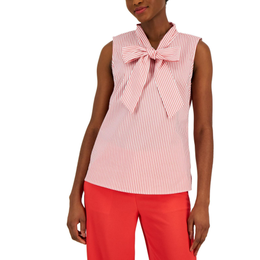 Tahari ASL Red Striped Bow Top - Sleeveless Blouse - L