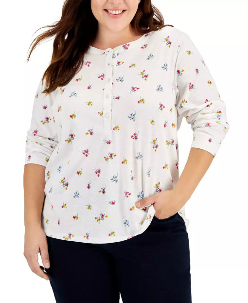 Style & Co Plus White Floral Henley Top - Plus Size Blouses