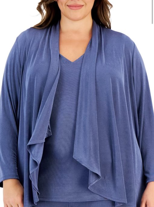 Kasper Plus Size Open-Front Waterfall Cardigan - Blue Heron 3X