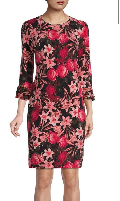 Karl Lagerfeld Paris Women's Floral Trumpet-Sleeve Sheath Dress - Beet Multi - Size 2