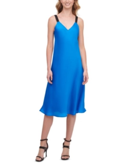 DKNY Women's Dress Cobalt Blue Size XXS Sheath Satin V-Neck MIDI blue