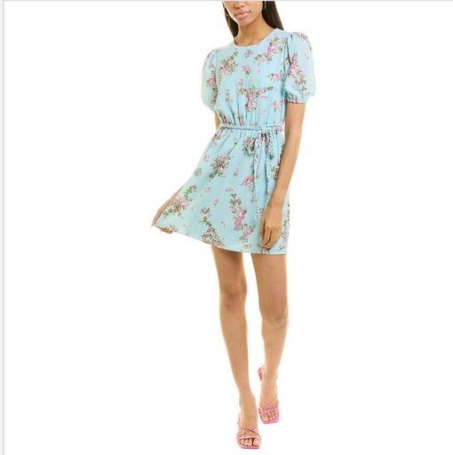 Sage Collective Crew Neck Short Sleeve Tie Waist Keyhole Back Floral Print Crepe Dress-BLUE MULTI / 8