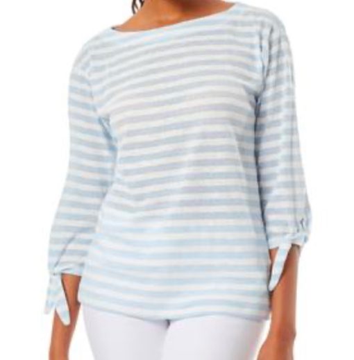 JONES Women's Sedona Stripe Boat Neck Tie Sleeve Top - Powder Blue, Jones White size L