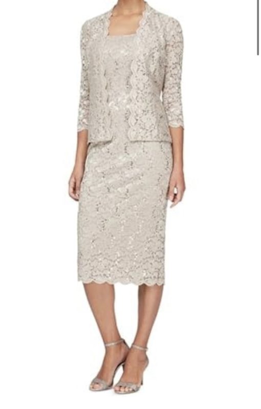 SLNY Fashions Petite 2-Pc. Lace Jacket & MIDI Dress Set - Champagne 4P