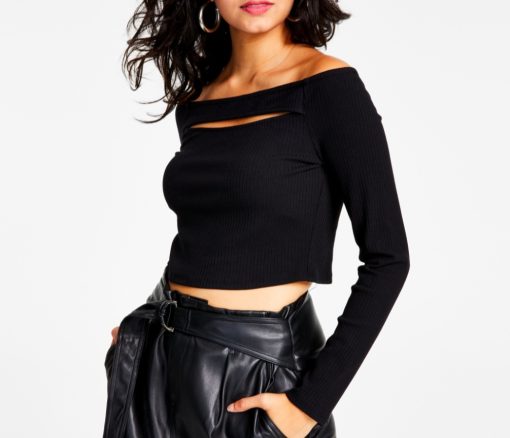 Bar Iii Women's Off-the-Shoulder Cropped Cutout Top, Created for Macy's - Deep Black size xxl