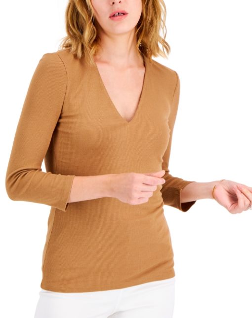 INC Women's Ribbed V-Neck Top - Camel XL - Women's Shirts