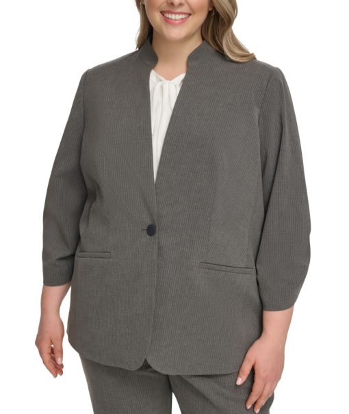 Calvin Klein Plus Size Pinstriped One-Button Jacket,Charcoal 20W