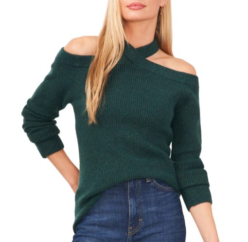 Sam and Jess Womens Cold Shoulder Knit Pullover Sweater green L